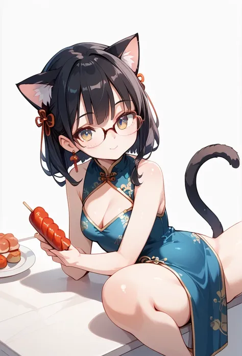 Black hair, cat ears, glasses, tail, Chinese dress, Chinese food, 