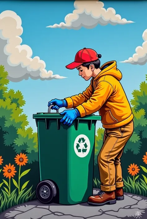 painting of ren cleaning up a garbage can on a wall, a painting by Yi Insang, pixabay, street art, clean environment, wall painting, mural art, public works mural, environmental artwork, painted on a giant wall, artist unknown, colorful mural on walls, vib...