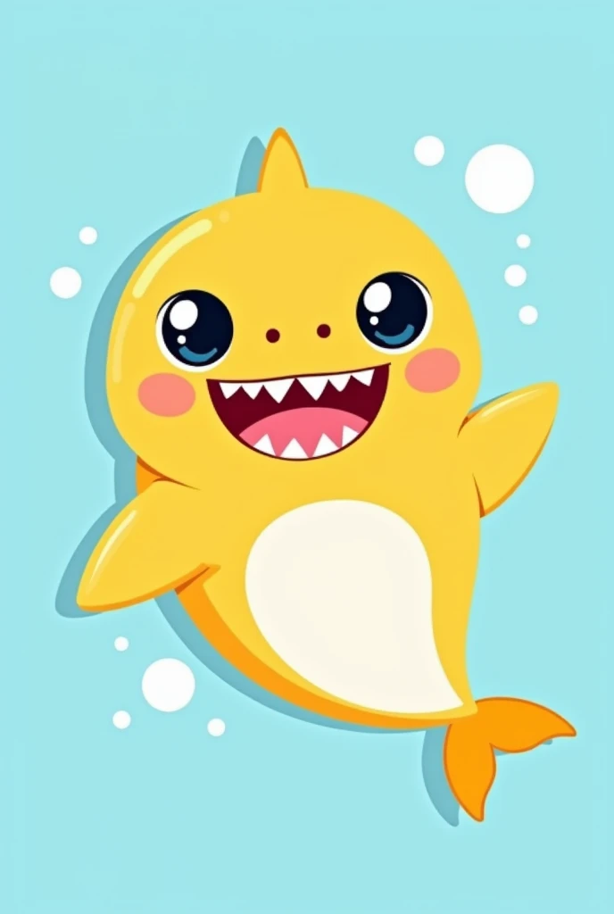 Imagine a cute, cartoonish baby shark with a bright yellow body. Its big, round eyes sparkle with joy, and it has a wide, cheerful smile showing off its tiny teeth. The fins are small and rounded, and theres a little dorsal fin on top. The shark might also...