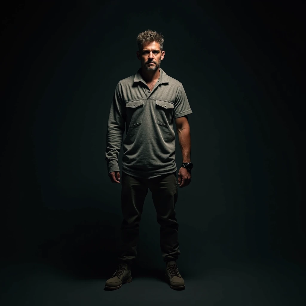 A young man, face - young Kevin Michael Costner, post-apocalypse, man, punk, post-apocalypse clothes, man, punk, grey clothes, cinematic lighting, solo, posing for gravure photography, A full-length man, dark background,