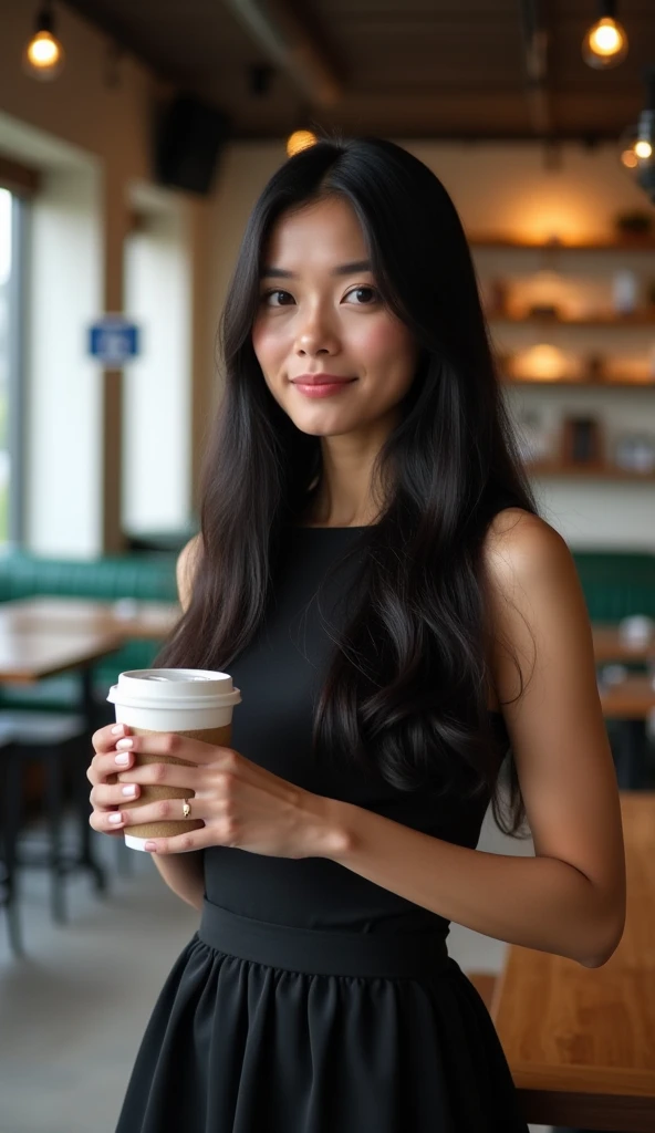 A 36-year-old woman with straight black hair, holding a coffee cup in a modern cafe, dressed in a chic black dress.