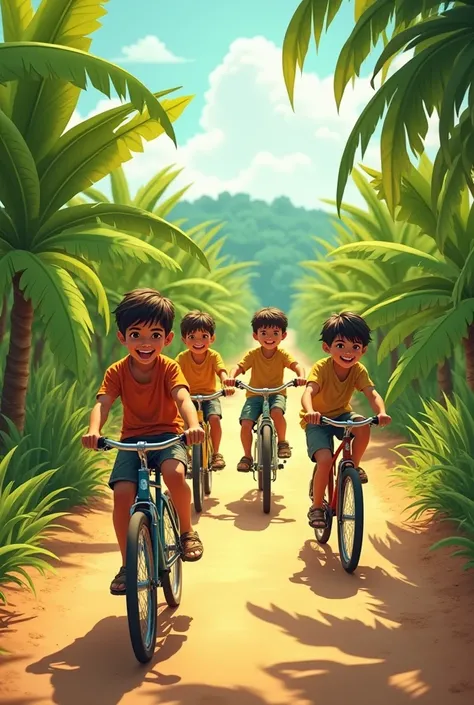 Four boys riding bicycles on a dirt path surrounded by sugarcane fields and mango trees, with a bright sunny sky and a distant view of a dense green forest."
