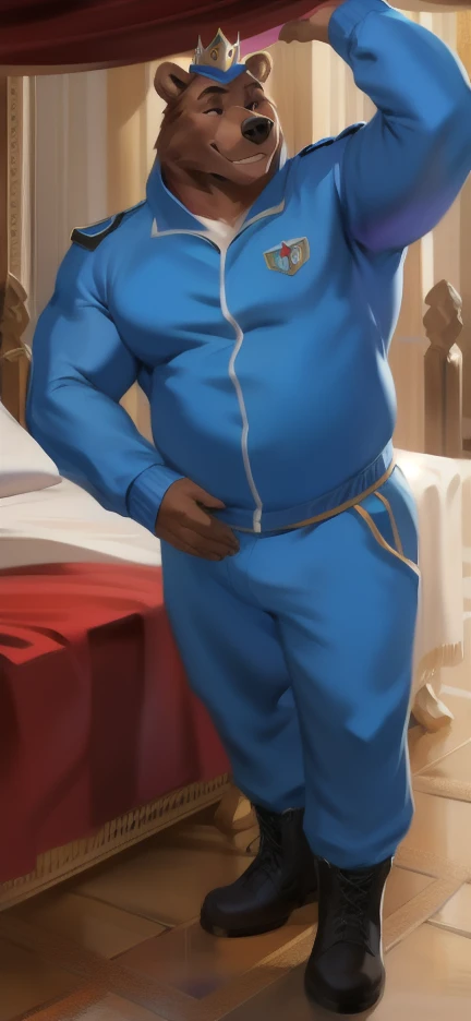   alone, Male tall   ,Big torso  ,sleepless , Wearing a royal crown  , Palace Bed,Big Bear Moose   ,  Blue Sportswear Soldier   ,   Wearing boots  ,   Overweight  ,   strapped muscles  ,   smiling soldiers Blue tracksuit  , by chunie  