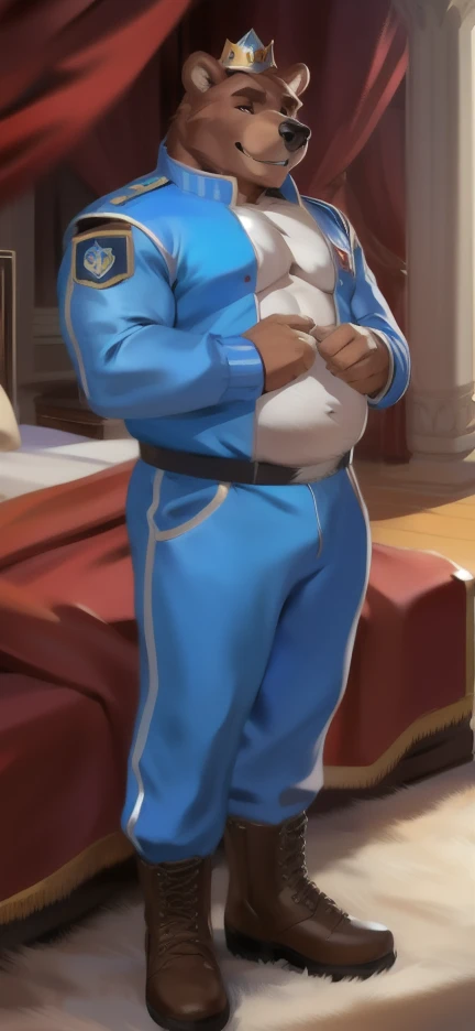   alone, Male tall   ,Big torso  ,sleepless , Wearing a royal crown  , Palace Bed,Big Bear Moose   ,  Blue Sportswear Soldier   ,   Wearing boots  ,   Overweight  ,   strapped muscles  ,   smiling soldiers Blue tracksuit  , by chunie  