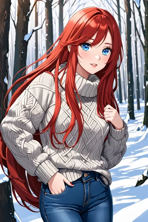  A girl with long red hair, blue eyes in the winter forest ,  wearing jeans and a New Years sweater