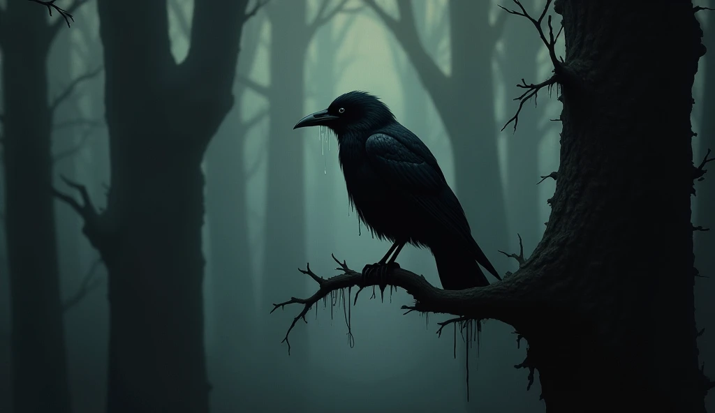 The crow perched on a branch in a quiet, dark forest, tears falling from its eyes, surrounded by tall trees and the sound of solitude