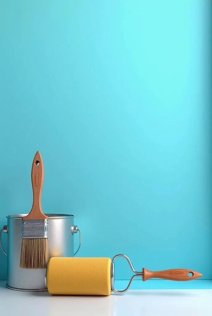 Brush and paint roller with a paint can on the side and a sky blue wall in the background with a red paint stain passed through a paint brush 