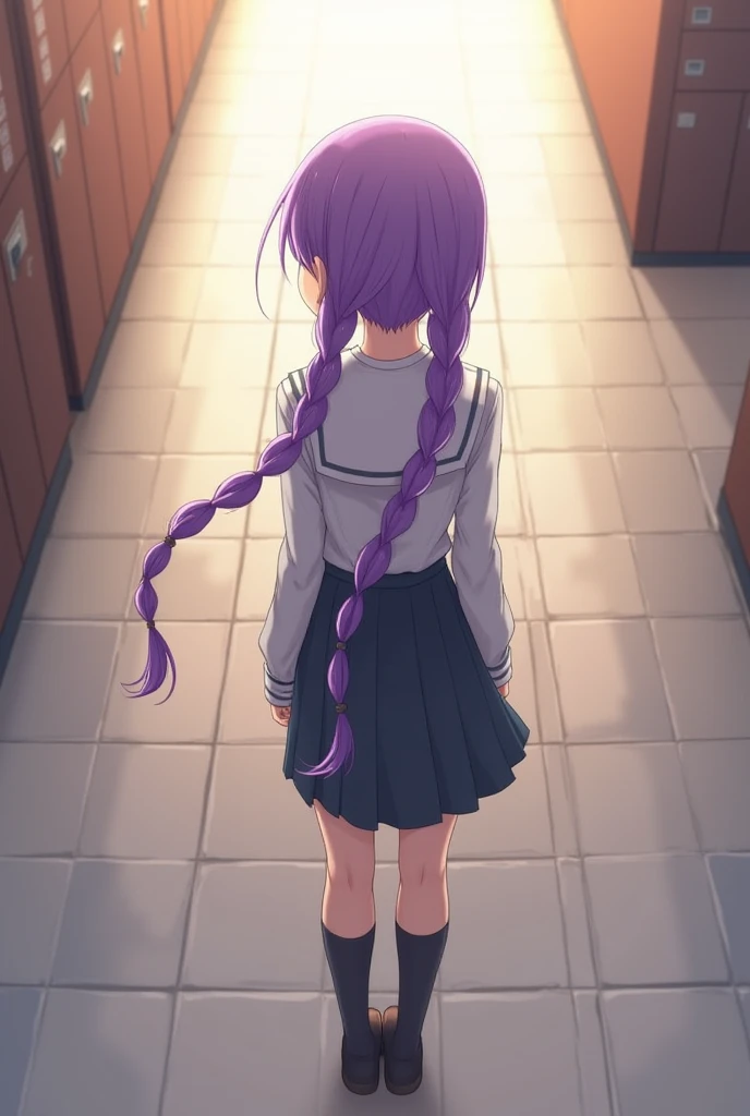 Sumire,girl,,solo,purple hair,long twinbraids hair,uniform,school hallway,back,sumire kakkei