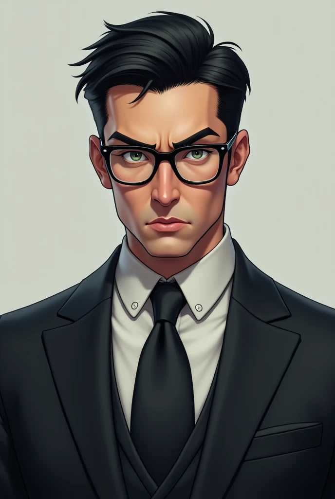 A manly character, with glasses and straight black hair, green eyes , dressed in suit 1girl, Solo, 