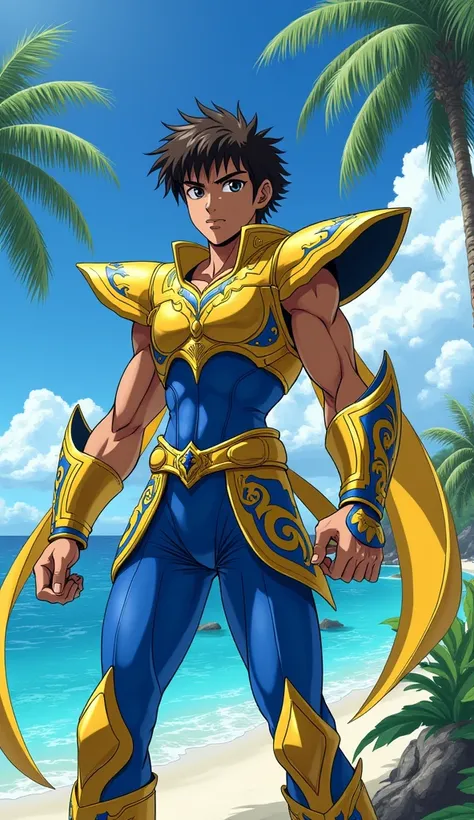 Imagine a character from the Saint Seiya cartoon, with armor and clothes that are in the colors of the flag and elements inspired by Barbados. The characters appearance should be in accordance with the natives of the country and the environment can be in a...