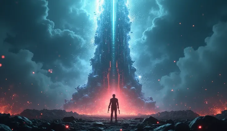 High-angle dynamic shot of a massive AI tower erupting with glowing, chaotic energy beams, surrounded by a dark stormy sky filled with swirling clouds. The camera pans downward to reveal the shadowed human protagonist standing on a shattered platform, hold...