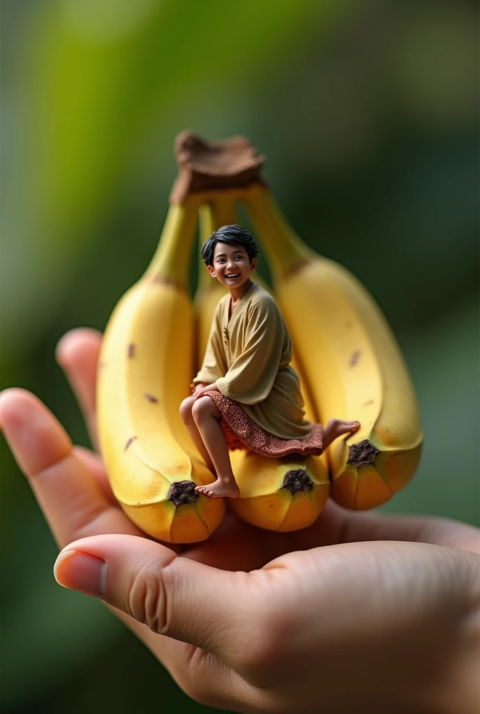 A hyperrealistic digital art macro shot of a hand with a woman character standing on it. The woman is wearing a clothes and a traditional jarit sarong, laughing looking to camera, crouching down while gently hugging a big banana fruit. The image is rendere...