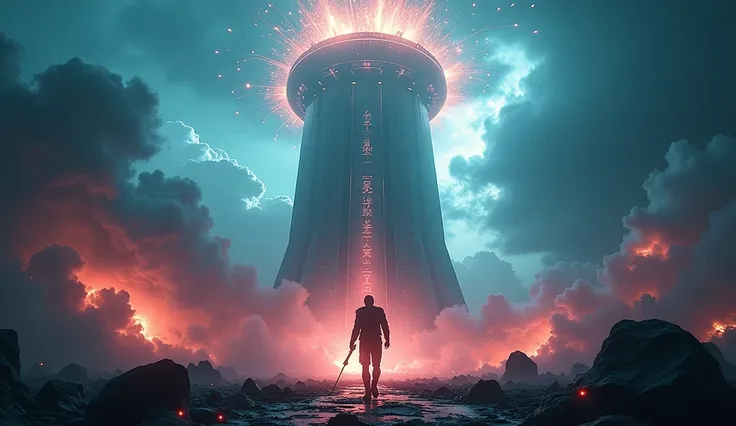 High-angle dynamic shot of a massive AI tower erupting with glowing, chaotic energy beams, surrounded by a dark stormy sky filled with swirling clouds. The camera pans downward to reveal the shadowed human protagonist standing on a shattered platform, hold...