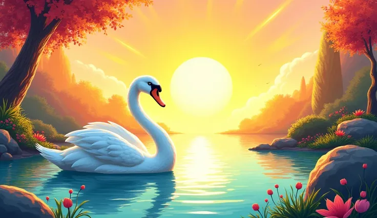 a beautiful swan background with sun comic style