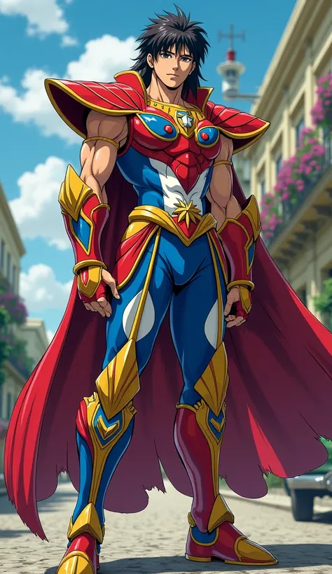 Imagine a character from the Saint Seiya cartoon, with armor and clothes that are in the colors of the flag and elements inspired by Cuba. The characters appearance should be in accordance with the natives of the country and the environment can be in a kno...