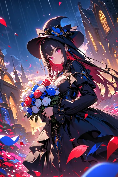 1girl,,face not visible,black Gothic dress,black hat,white bouquet,(holding white bouquet),standing,front,(black petals flying in profusion),Rain of petals,many petals,innumerable petals,petals floating in the air,Art Deco,Color Field painting,rococo style...