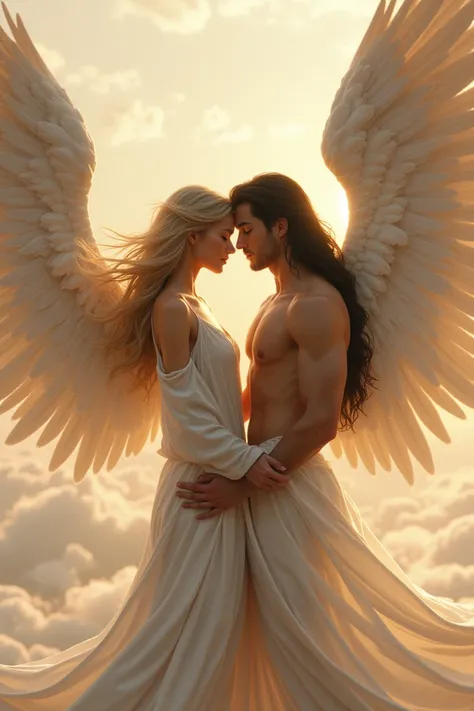 Make a beautiful angel woman ,  blonde with big white wings and beautiful clothes , Make a beautiful angel man , strong shirtless,  with long black hair and beautiful black wings,  the angel man is a very beautiful Korean ,  do them in a beautiful love sce...