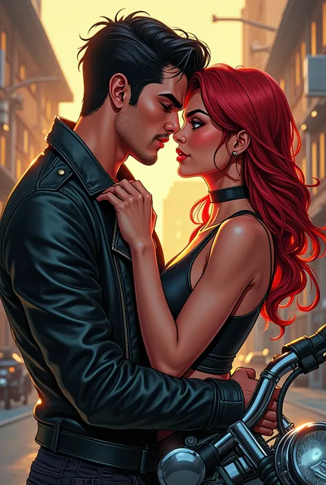  Image of a couple of lovers with animation, The guy is the boss of the motorcycle gang , They are 20 year old teenagers, animated like comic characters