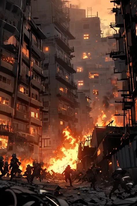 /imagine prompt: a chaotic scene of a Japanese factory engulfed in flames. Thick black smoke billows into the sky, obscuring the sunlight. Bright orange flames reach high, illuminating the surroundings with an eerie glow. Nearby residential buildings are f...