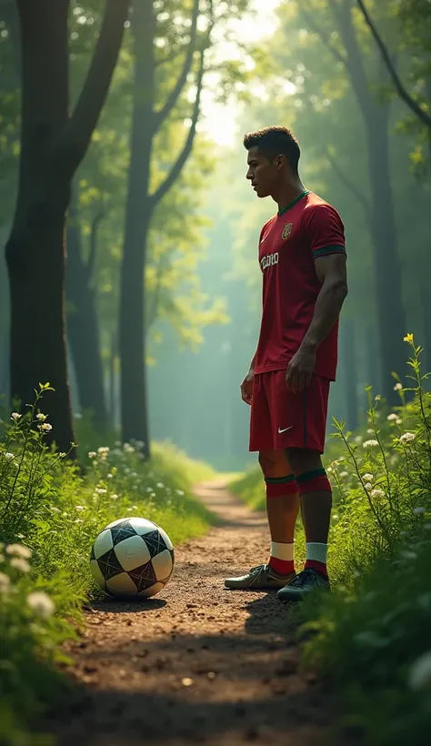 A ronaldo  and football are face to face together to each other on road in forest background