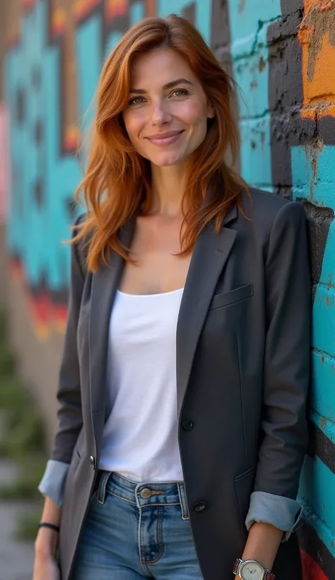 A 35-year-old woman with medium-length auburn hair, standing in front of a graffiti wall, wearing a casual blazer.