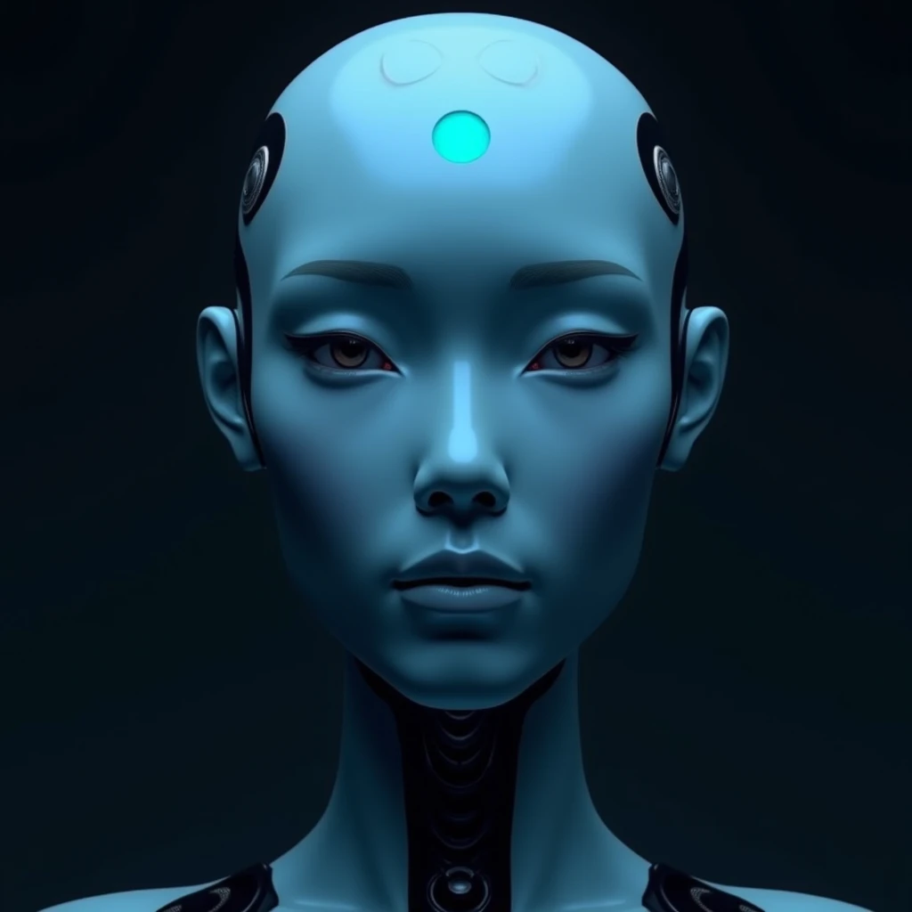 attractive robot face. gender-less, face color liner gradient of light and dark blue from left to right, innovative 2.5D, looking front, dark background