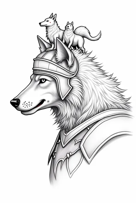 A realistic drawing outline ,  in black with thick lines and a white background without shading,  of a graceful werewolfs face seen in profile , wearing white war armor  , with a Roman helmet adorned with wolf figures on the head and a wide straight crest 