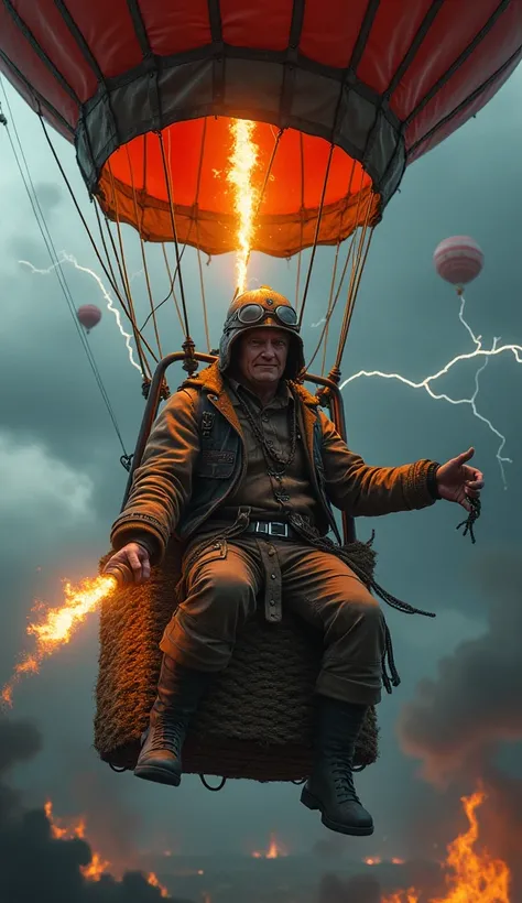 A hyper-realistic Balloon Trooper with a sinister grin, wearing a leather aviator helmet and gripping a fiery bomb. His tattered outfit is detailed with patches and stitches. The hot air balloon is made of rough fabric and metal, flying through a stormy sk...