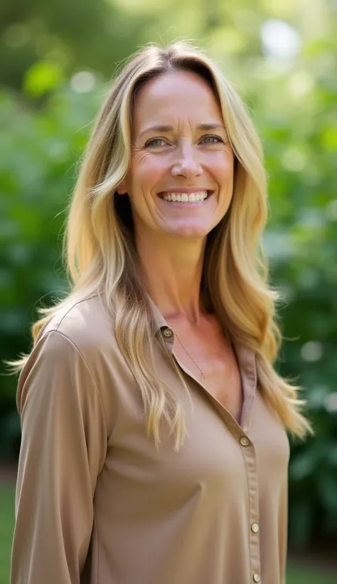 A 38-year-old woman with long blonde hair, smiling in a green garden, dressed in a light brown blouse.