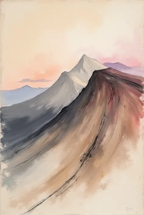 Masterpiece, An artistic sketch of a mountains. The portrait features a mix of minimalistic linework and painterly strokes in soft, muted tones of beige, gray, lavender, and hints of red. The loose brushstrokes blend seamlessly with the textured canvas bac...