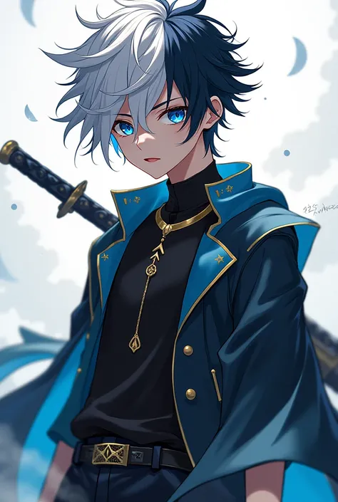 Male Anime character, deep blue eyes, half white half black stylish but messy hair, with 1 sword, about 18, serious eyes, god complex, ego, 