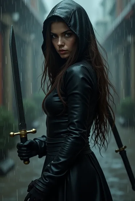 Assasin woman, ninja like black outfit. Raining background, brunette hair, brown eyes, fierce looking. Holding dagger. 