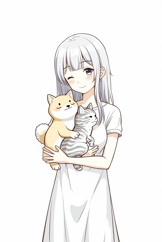 Simple line drawing, straight hair woman, sweet smile only, 31 year old woman, wearing a white dress, ((hugging a Shiba Inu puppy and a gray and white striped kitten)), happy mood, white background, full body shot.