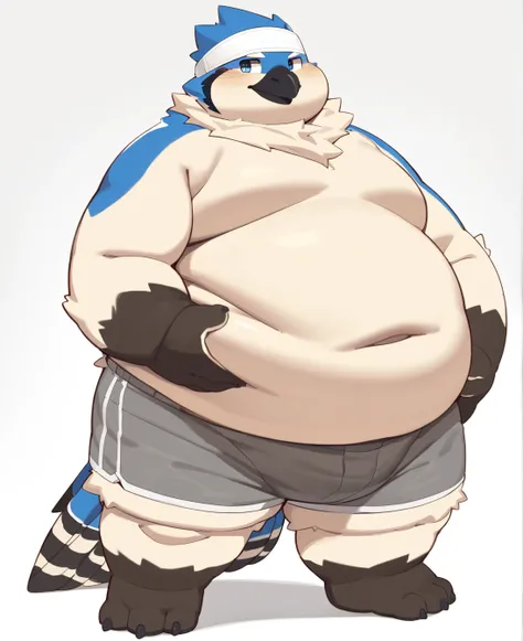 An anthro furry blue jay bird, chubby body, fat cheeks, neck fur(white), medium beak(gray), white eyebrows(white), wearing gray short pants, wearing white headband, wearing white cuffs(big wrist), by moki, adult male, fullbody, masterpiece, realistic, ultr...