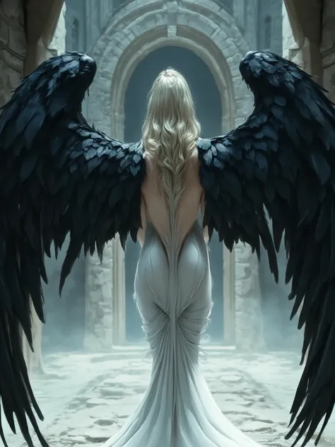  A woman ,  of about 20 years old , blonde hair,  sculptural body ,  Backless ,  white dress with its back in the air ,  two big black feathered wings come out of hers shoulder blades.  In an ancient castle of gray stones , in front of a white marble altar...