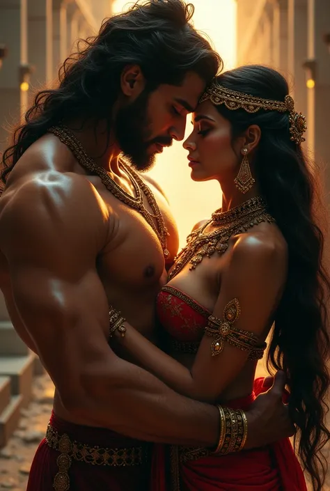 a beautiful indian goddess, ornate jewelry, sensual expression, huge muscular male figure, massive erect penis, intimate erotic embrace, passionate sexual act, dynamic composition, detailed rendering, cinematic lighting, dramatic chiaroscuro, rich color pa...