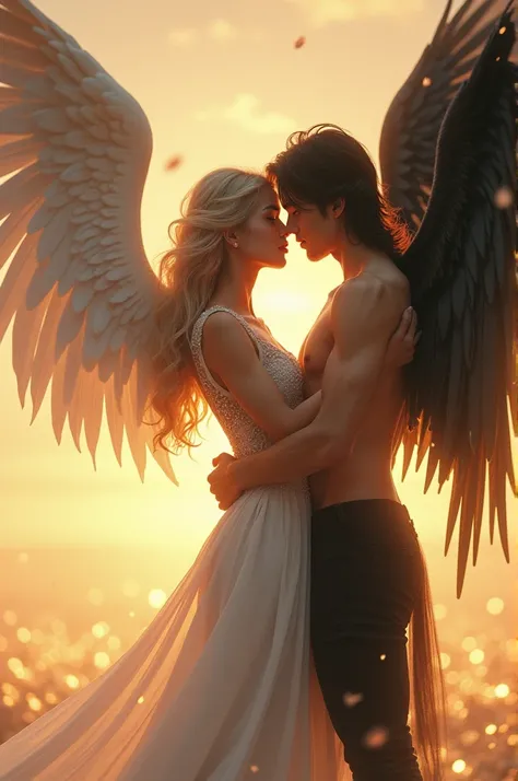 Make a beautiful angel woman ,  blonde with big white wings and beautiful clothes , Make a beautiful angel man , strong shirtless,  with long black hair he has beautiful black wings, And black pants the angel man is a very beautiful Korean ,  do them in a ...