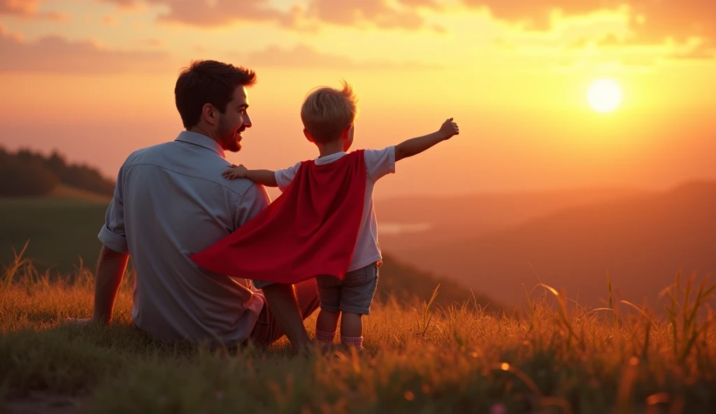 The dad and  sit together on a grassy hilltop, watching a glowing sunset. The  wears a red cape while mimicking a superhero stance, with the dad smiling proudly beside them.