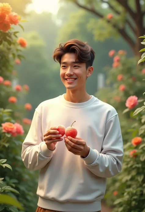 Create an image of a young man wearing a white sweatshirt. Standing and eating sugar-coated fruit, the background is a garden.