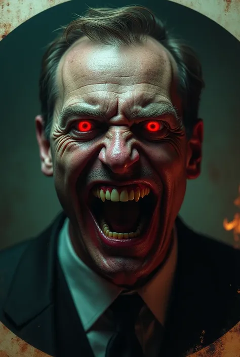 A picture of a screaming gentleman with red eyes but his face smiling and screaming, also a gaming theme, for Chanel Gaming, I want it to be round and of quality. 