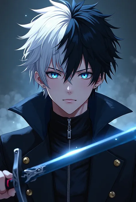 Male Anime character, deep blue eyes, half white half black stylish but messy hair, with sword, about 18, serious eyes, god complex, ego, evil