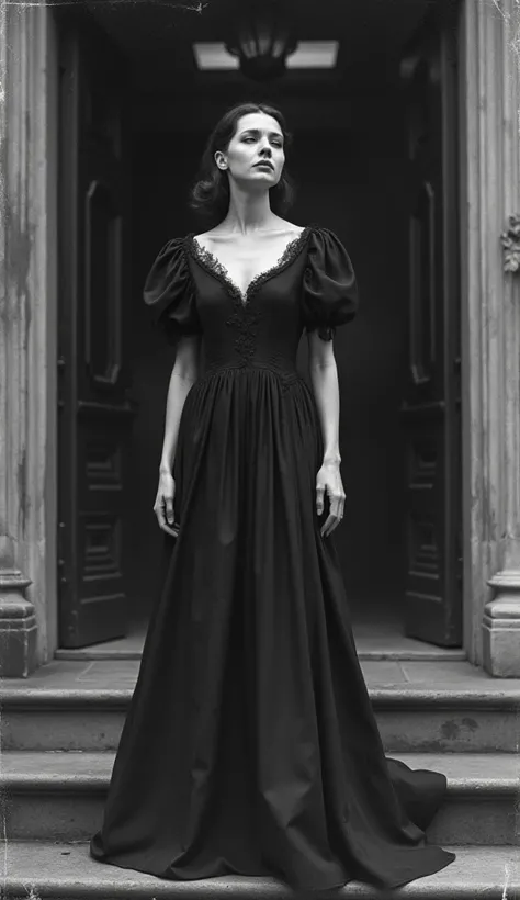 A black-and-white, vintage photo of Lora Dunraven in an elegant, 19th-century gown. She stands in front of the hotel’s grand entrance, with a wistful, sorrowful expression on her face, gazing far into the distance as if longing for something or someone. Th...