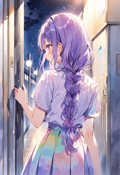 Watercolor colorful,sumire,girl,,solo,purple hair,long twinbraids hair,uniform,school hallway,night,back,sumire kakkei