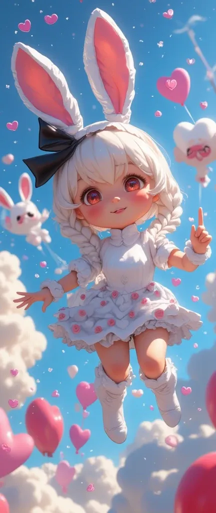 Cute pop balloons shaped "ISRAEL WISHES YOU A HAPPY NEW YEAR". Pop and vivid and comical and colorful and cute and art. Everything floating under zero-gravity weightlessness. gorgeous and colorful heart marks and star marks. rabbit girl(chibi,cute, kawaii,...