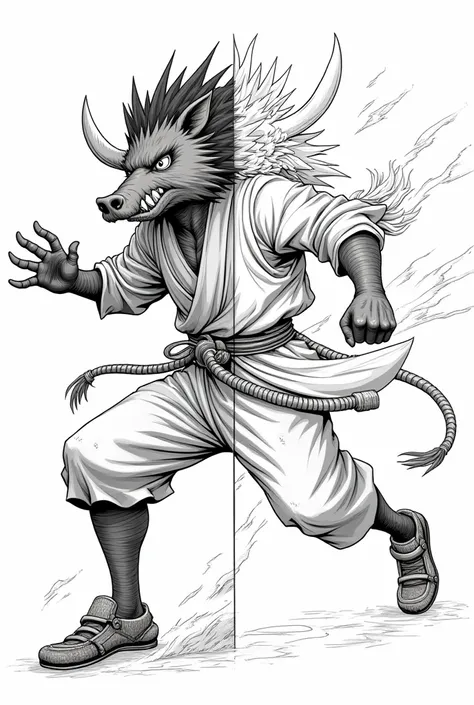 Inosuke Hashibira, a character from Demon Slayer, in a dynamic charging pose. On the left side, showcase a fully colored version, emphasizing his fierce expression, intricate details of his boar mask, and powerful sense of movement. The right side should f...