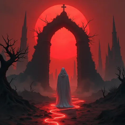 "Create a haunting scene set in a desolate, otherworldly landscape under a blood-red sun. A mysterious figure dressed in flowing white stands at the entrance of an ancient, crumbling archway surrounded by twisted, leafless trees. A glowing, fiery path wind...