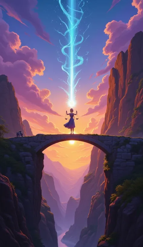 Perspective: A wide shot of a bridge connecting two dramatically contrasting landscapes, with a central figure standing at its midpoint. Subject: The central figure holds a glowing scale, symbolizing their role in uniting the two sides. One side of the bri...