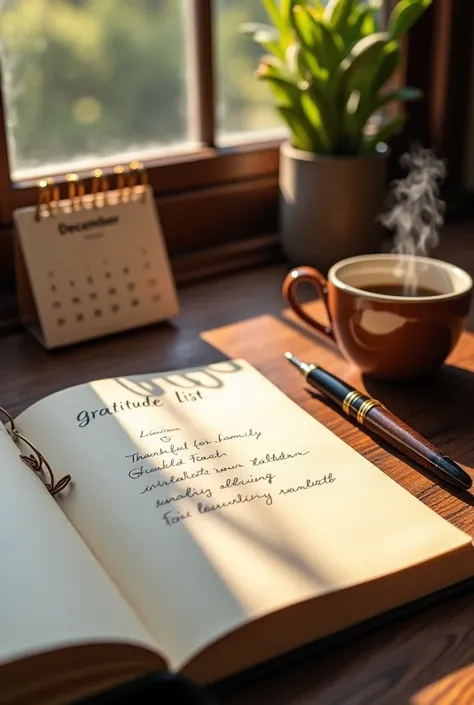 Scene: A close-up view of a beautifully crafted wooden desk by a window with sunlight streaming through.
Details: An open notebook with the title "Gratitude List" written in neat handwriting. Entries such as "Thankful for family" and "Grateful for health" ...