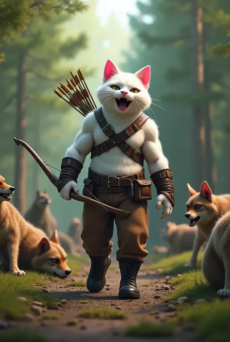 In cinematic 3D style, HD image, realistic image, colourful image.
Character,"A muscular body Johnny big white cat with bright pink ears, holding a bow and arrows The cat is wearing a leather harness, belt, and armguards, exuding a heroic and adventurous v...