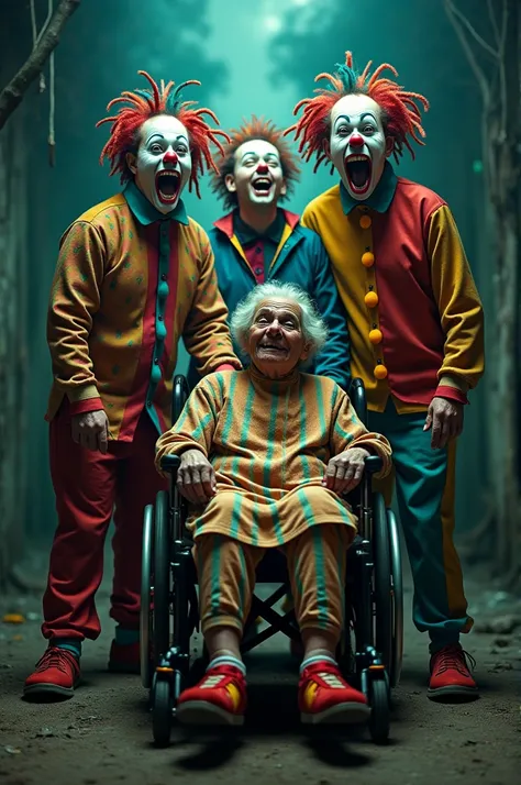 Three Indonesian men with colorful dreadlocks wear clown costumes with funny expressions in a haunted costume there is a grandmother sitting in a wheelchair with a creepy face 